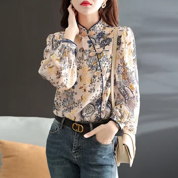 Femei Primavara-Vara Stil Chinezesc Retro Print Bluze Camasi Doamna Casual Cu Maneci Lungi Cheongsam Guler Imprimate Bluze Topuri