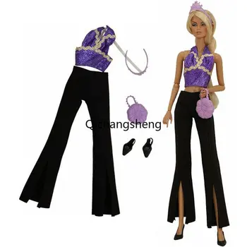 Fermecător Negru 1/6 Papusa Haine Pentru Barbie Set Haine Pentru Barbie Accesorii Violet Top Pantaloni Pantaloni Pantofi Sac De Jucării Pentru Copii 11.5
