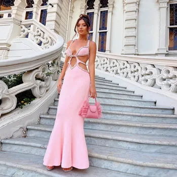 Moda Roz Sexy Si Elegante Rochii De Bal Fără Mâneci Fara Spate Cristale Unice Lungi Femei Formale Petrecere De Seara, Rochii Personalizate
