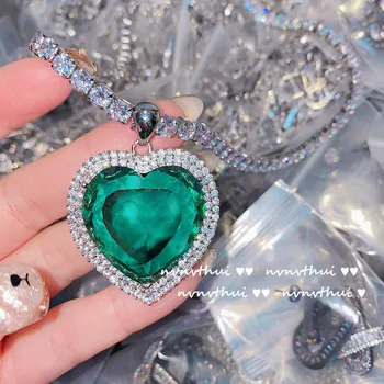 De lux Argint 925 Inima de Mare Pandantiv Colier Farmec Verde Zircon Cristal de sex Feminin Exagerat de Bijuterii Elegante