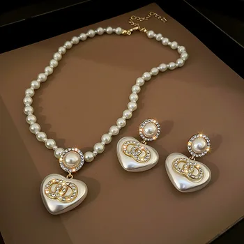 Noua Moda Simplu Diamant Pearl Cerc Dublu de Dragoste S925 Argint Ac Cercei Colier Femei la Modă Partid Bijuterii