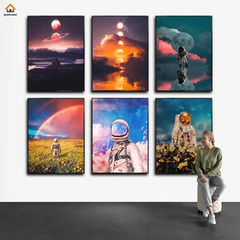 Astronaut Cerul Înstelat Planeta Curcubeu de Flori Peisaj Panza Pictura Arta de Perete Imagine pentru Acasă Decorare Camera de zi Moderna